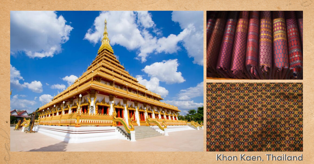 Khon Kaen is a refreshing peek into the area’s history and cultural affinities. It is the centre of the Northeastern Silk industry with an exclusive industry of mud-mee (ikat) silk designs.