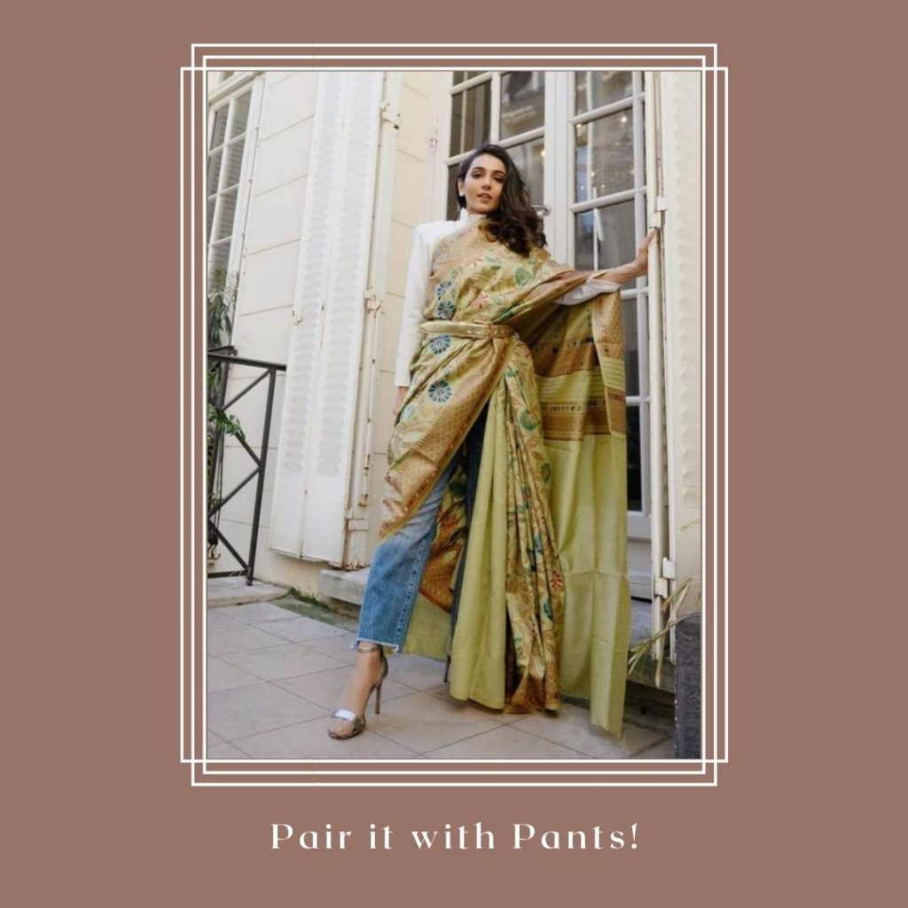 Combine your saree (or a long dupatta) and drape it around a pair of churidars and a long blouse to complete your look!