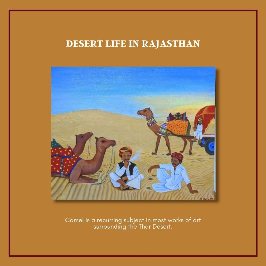This detailed painting by artist Shreyas Makwana showcases the life of three turbaned Rajasthani men resting with their camels on the sand dunes. 